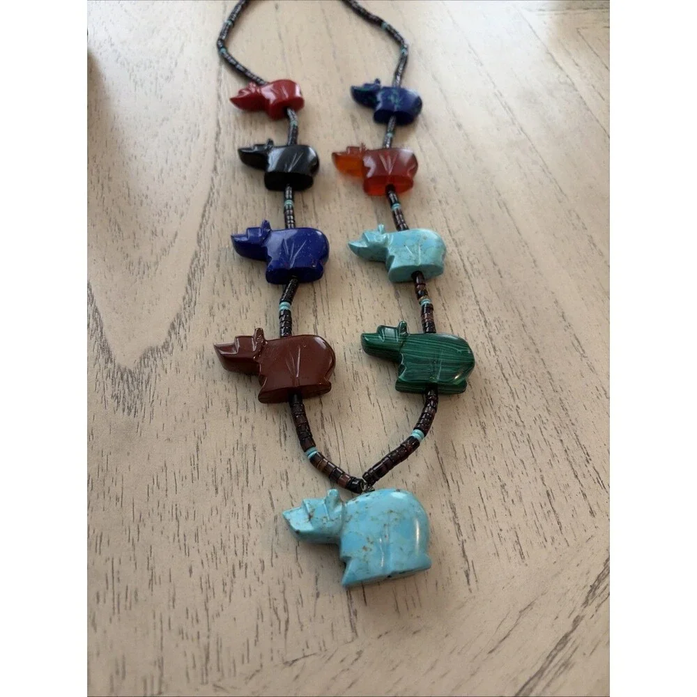 NATIVE AMERICAN CARVED TURQUOISE & STONE BEAR BEARS HEISHI FETISH NECKLACE 30”L - Picture 5 of 5